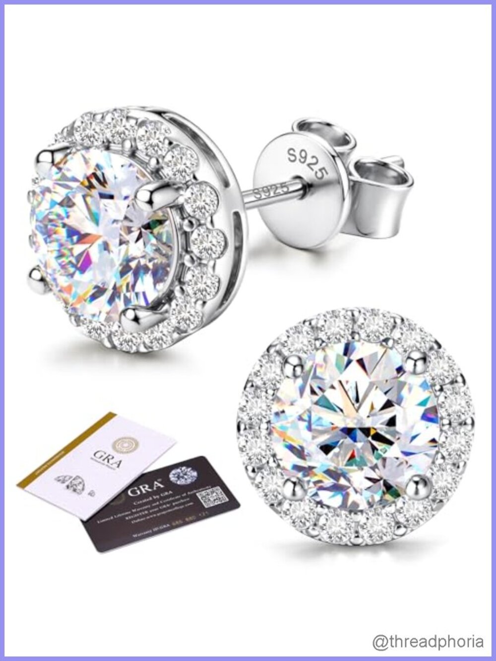 Moissanite Halo Stud Earrings 925 Sterling Silver, 18k White Gold Plated, Prong